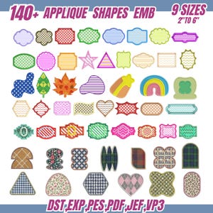 Op de afbeelding: Een afbeelding met 140+ applicatievormen in diverse ontwerpen en kleuren, waaronder sterren, harten en geometrische patronen. De vormen zijn beschikbaar in 9 maten, variërend van 5 cm tot 15 cm. De afbeelding toont ook de bestandsformaten: DST, EXP, PES, PDF, JEF en VP3.