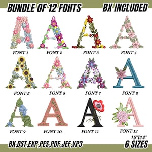 Könnte beinhalten: Eine Sammlung von 12 gestickten Schriftarten, die jeweils den Buchstaben "A" mit floralen Designs zeigen. Die Schriftarten variieren in Farbe und Stil, mit Optionen wie Sonnenblumen, Rosen und anderen Blumen. Der Text "BUNDLE OF 12 FONTS" und "BX INCLUDED" ist enthalten.