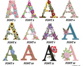Può includere: Una collezione di 12 font ricamati, ognuno con la lettera "A" decorata con motivi floreali. I font variano per colore e stile, con opzioni tra cui girasoli, rose e altri fiori. L'immagine include il testo "BUNDLE OF 12 FONTS" e "BX INCLUDED".