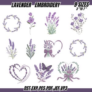 Può includere: Disegni di ricamo alla lavanda in vari stili, tra cui ghirlande, rametti e forme di cuore. I disegni presentano fiori di lavanda viola e foglie verdi. Il testo "LAVENDER EMBROIDERY" e "9 SIZES 3" TO 7"" sono visualizzati in alto. I tipi di file sono elencati.