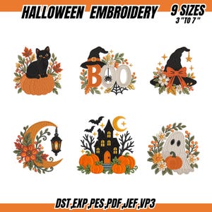 May include: A collection of six Halloween embroidery designs featuring a black cat on a pumpkin, the text BOO with a spider, a witch hat with a bow, a crescent moon with a lantern, a haunted house with pumpkins, and a ghost with flowers. 9 sizes 7.6 to 17.8 cm.