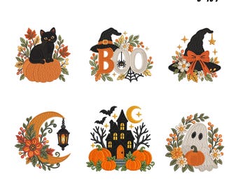 Blommiga Halloween-maskinbroderimönster, Vintage Halloween-broderipaket, Svart katt, Spöke, Häxhatt, 9 storlekar, Omedelbar nedladdning