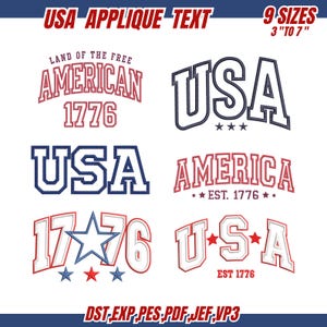 Może przedstawiać: Kolekcja wzorów tekstowych USA w aplikacji w kolorach czerwonym, białym i niebieskim. Wzory zawierają słowa "USA", "America" i "1776" z różnymi akcentami gwiazd i pasków. Dostępne w 9 rozmiarach, od 7,6 cm do 17,8 cm.