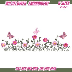 Pink Wildflower Meadow Machine Embroidery Design, Cottagecore Wild Flowers, Boho Flower, Wildflower Embroidery , 9 Sizes, Instant Download