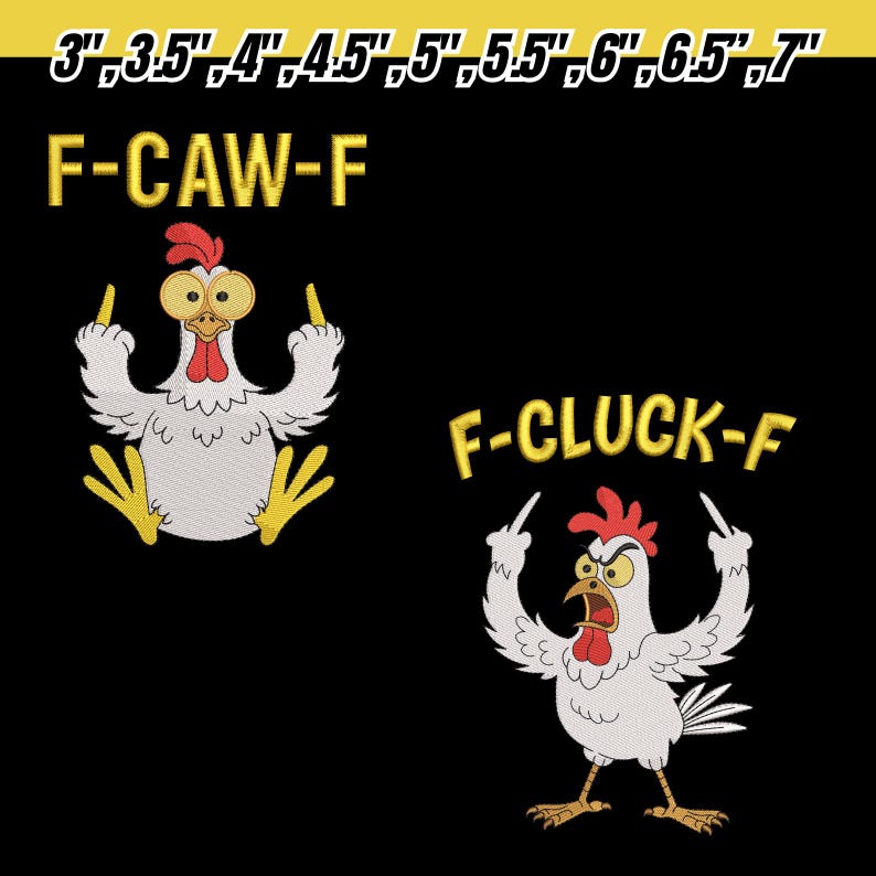 K&ouml;nnte beinhalten: Zwei gestickte H&uuml;hnerdesigns auf schwarzem Hintergrund. Ein Huhn ist mit "F-CAW-F" und das andere mit "F-CLUCK-F" beschriftet. Beide H&uuml;hner sind wei&szlig; mit roten K&auml;mmen und gelben F&uuml;&szlig;en und zeigen den Mittelfinger.