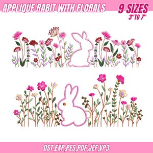 Floral Bunny Embroidery Design, Bunny Machine Embroidery Design, Bunny Pattern File, Rabbit Embroidery Design, Instant Download 9 sizes