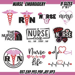 Könnte beinhalten: Eine Sammlung von Stickmustern zum Thema Krankenpflege. Die Designs beinhalten die Wörter "Nurse", "RN" und "Nurse Mode" sowie medizinische Symbole wie Stethoskope und Äskulapstäbe. Die Designs sind in 9 Größen von 7,6 bis 17,8 cm erhältlich.