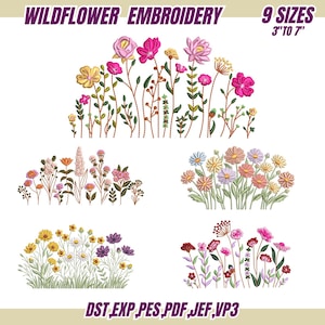 Op de afbeelding: Borduurontwerpen met wilde bloemen in verschillende kleuren, waaronder roze, geel en paars. Verkrijgbaar in 9 maten, van 7.6 cm tot 17.8 cm. De afbeelding bevat de tekst "WILDFLOWER EMBROIDERY" en bestandsformaten.