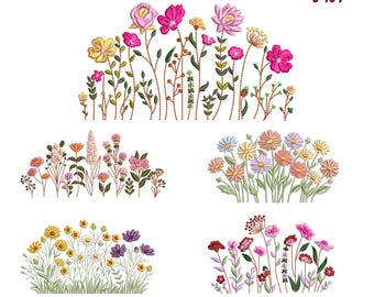 Maskinbroderidesign med vildblomsteräng: Cottagecore blommigt paket (9 storlekar, digital nedladdning)