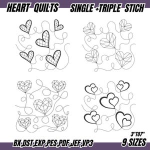 Op de afbeelding: Een digitaal borduurontwerp-set getiteld HEART QUILTS SINGLE + TRIPLE STICH met vier verschillende zwarte lijntekeningen van onderling verbonden harten met geometrische details. De tekst 3" TO 7" en 9 SIZES is zichtbaar op de afbeelding.
