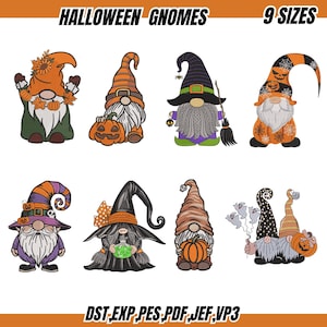 May include: A collection of Halloween gnome designs. Each gnome features a unique hat, beard, and outfit, with pumpkins, ghosts, and witch hats. The text "HALLOWEEN GNOMES" and "9 SIZES" are displayed at the top.