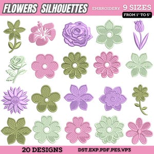 以下が含まれることがあります： ピンク、グリーン、パープルのさまざまな花のシルエットの刺繍デザイン20点。デザインは、1インチから5インチまでの9サイズでご利用いただけます。