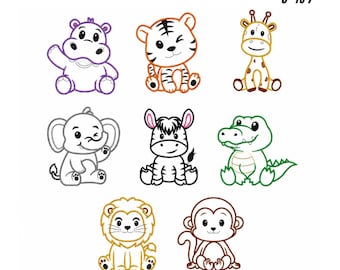 Safari Animal Outline Embroidery Designs, Zoo Animals (Digital Download)