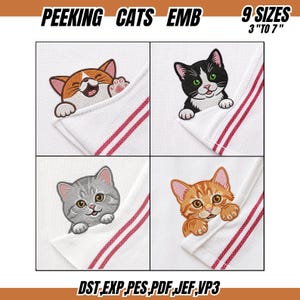 May include: Four machine embroidery designs titled PEEKING CATS EMB featuring cats peeking out of a white fabric pocket with red stripes. The designs include an orange and white cat, a black and white cat, a gray tabby, and an orange tabby. 9 sizes 3 to 7 inches. File formats include DST, EXP, PES, PDF, JEF, VP3.