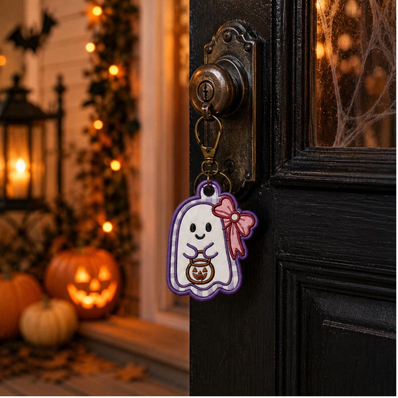 May include: A ghost-shaped keychain featuring a white ghost with a pink bow, holding a small orange jack-o'-lantern bucket. The keychain has a purple and white striped border and is attached to a bronze-colored metal lobster clasp and ring.