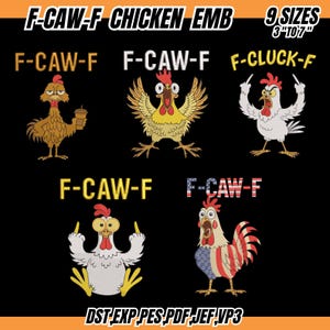 K&ouml;nnte beinhalten: Auf schwarzem Hintergrund sind verschiedene gestickte H&uuml;hnerdesigns mit dem Text "F-CAW-F CHICKEN EMB" zu sehen. Die H&uuml;hner haben unterschiedliche Ausdr&uuml;cke und Posen. Der Text "9 GR&Ouml;SSEN 7.6cm bis 17.8cm" ist ebenfalls vorhanden. Dateityp-Abk&uuml;rzungen unten.