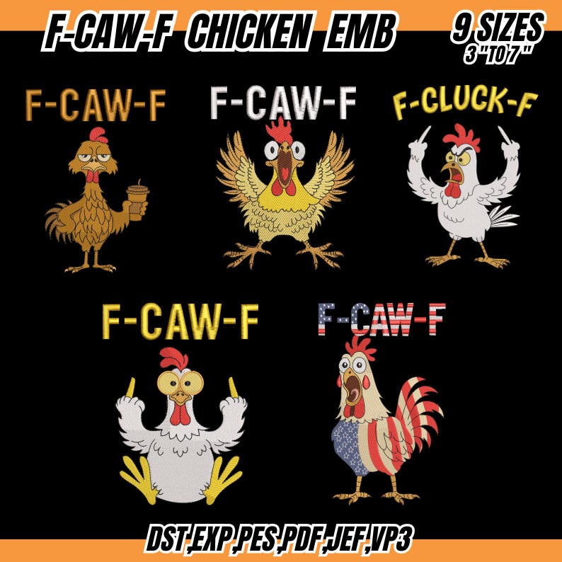 K&ouml;nnte beinhalten: Auf schwarzem Hintergrund sind verschiedene gestickte H&uuml;hnerdesigns mit dem Text "F-CAW-F CHICKEN EMB" zu sehen. Die H&uuml;hner haben unterschiedliche Ausdr&uuml;cke und Posen. Der Text "9 GR&Ouml;SSEN 7.6cm bis 17.8cm" ist ebenfalls vorhanden. Dateityp-Abk&uuml;rzungen unten.