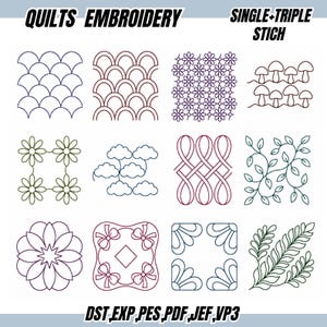 May include: A digital collection of twelve embroidery patterns for quilts, featuring single and triple stitch designs. The motifs include scalloped lines, flowers, mushrooms, clouds, interwoven ribbons, leaves, and geometric shapes. Text reads QUILTS EMBROIDERY SINGLE+TRIPLE STICH and file formats DST, EXP, PES, PDF, JEF, VP3.
