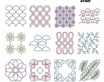 Può includere: Una collezione digitale di dodici motivi da ricamo per trapunte, con disegni a punto singolo e triplo. I motivi includono linee smerlate, fiori, funghi, nuvole, nastri intrecciati, foglie e forme geometriche. Testo: QUILTS EMBROIDERY SINGLE+TRIPLE STICH e formati file DST, EXP, PES, PDF, JEF, VP3.