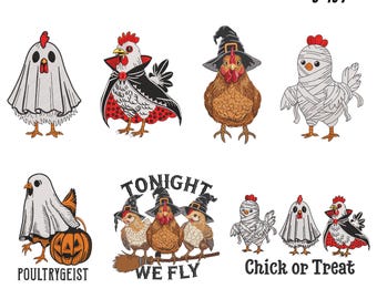 Può includere: Una collezione di disegni di polli a tema Halloween. L'immagine presenta polli vestiti da fantasma, vampiro, strega e mummia. Il testo include "Halloween Chickens", "Poultrygeist", "Tonight We Fly" e "Chick or Treat". Dimensioni da 7.6 cm a 17.8 cm.