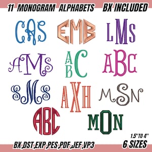May include: A digital design featuring 11 monogram alphabets in various styles and colors, including blue, copper, purple, green, and red. The text "11 MONOGRAM ALPHABETS BX INCLUDED" is at the top. The design includes 6 sizes, ranging from 1.5" to 4".