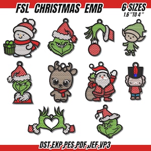 May include: A collection of Christmas-themed embroidery designs. The designs include a snowman, the Grinch, an elf, a reindeer, Santa Claus, a toy soldier, and a heart made of hands. The designs are available in 6 sizes, ranging from 1.6" to 4".
