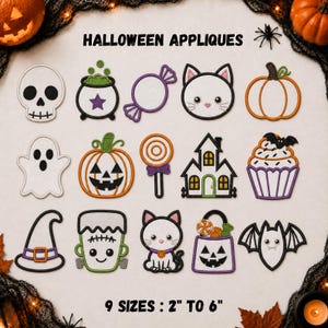 Może przedstawiać: Zbiór piętnastu haftowanych aplikacji na Halloween, przedstawiających czaszkę, kociołek, cukierek, głowę kota, dynię, ducha, lampion, lizaka, nawiedzony dom, babeczkę, kapelusz czarownicy, potwora, torebkę na słodycze i nietoperza. Tekst: HALLOWEEN APPLIQUES 9 SIZES : 2" TO 6".