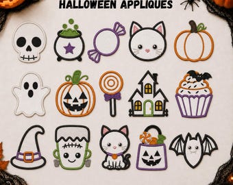 Maskinbroderidesignpaket med Halloween-applikationer, söta, läskiga applikationsdesigner, 9 storlekar 5-15 cm, pes dst jef exp vp3, höstapplikation för barn