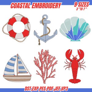 Puede incluir: Diseños de bordado costero con elementos náuticos. Incluye un salvavidas rojo y blanco, un ancla azul con cuerda, una concha, un velero, coral rojo y una langosta roja. El texto dice "Coastal Embroidery" y "9 tamaños 3" a 7".