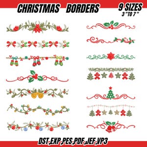 Puede incluir: Una colección de diseños de bordes navideños con elementos festivos como acebo, campanas y adornos. Los diseños son en rojo, verde y dorado, con el texto "CHRISTMAS BORDERS" y "9 SIZES 3" TO 7"" en la parte superior.