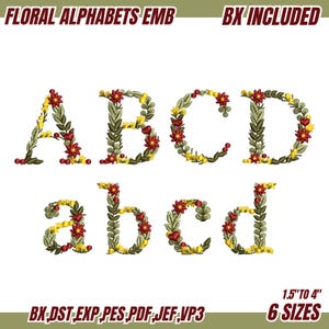 Floral Alphabet Embroidery Design A to Z, Floral Font Embroidery, A-Z Flower Alphabet Machine Embroidery Designs, Alphabet Embroidery 6Sizes