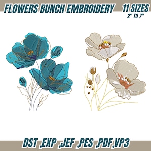 Puede incluir: Diseño de bordado con dos arreglos florales. Uno presenta flores turquesas con detalles dorados, el otro flores beige con detalles marrones y naranjas. Texto: "FLOWERS BUNCH EMBROIDERY" y "11 SIZES 2" TO 7"" (5cm a 18cm). Formatos: DST, EXP, JEF, PES, PDF, VP3.