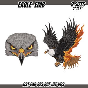Könnte beinhalten: Ein Stickdesign mit zwei Adlerillustrationen. Eines zeigt den Kopf des Adlers mit stechend gelben Augen, das andere zeigt einen Adler im Flug mit feurigen orangefarbenen und gelben Akzenten. Der Text lautet "EAGLE EMB" und "9 SIZES 3" TO 7".