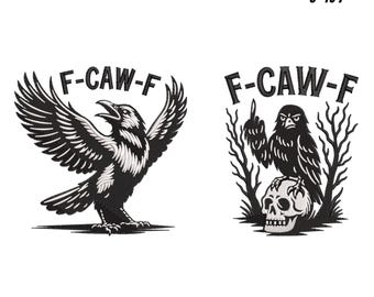 May include: Black and white embroidered designs featuring a raven with outstretched wings and a raven perched on a skull, both with the text "F-CAW-F". The image also includes text indicating 9 sizes, ranging from 3 to 7 inches.