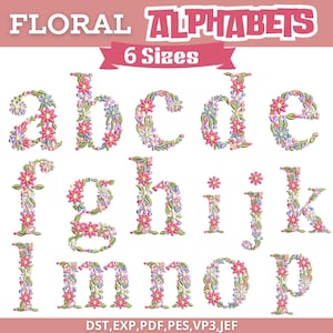 Floral Alphabet Embroidery Design A to Z, Floral Font Embroidery, A-Z Flower Alphabet Machine Embroidery Designs, Alphabet Embroidery 6Sizes