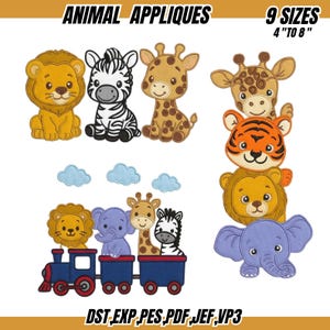 May include: A collection of embroidered animal appliques featuring a lion, zebra, giraffe, elephant, and tiger. Designs include individual animals, a train carrying animals with blue clouds, and a vertical stack of animal heads. Text reads ANIMAL APPLIQUES 9 SIZES 4 TO 8 INCHES and file formats DST, EXP, PES, PDF, JEF, VP3.