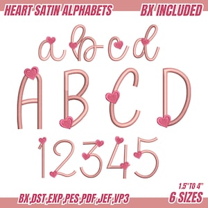 Heart Satin Embroidery Font – BX Included – 1.5&quot; to 4&quot; – Thin Script Alphabet Letters – Kids Name Font – 6 Sizes – Instant Download