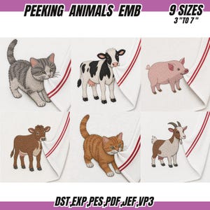 Peeking Farm Animals Embroidery Bundle, Cow, Pig, Goat, Cat Embroidery, Cute Animal Corner Embroidery Designs, Towel Emb Files, 9 Sizes