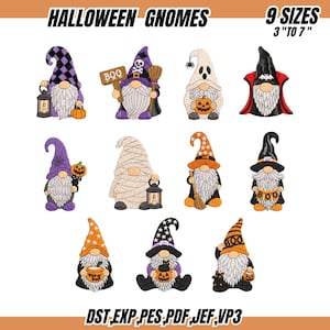 Op de afbeelding: Een collectie van elf Halloween-kabouter borduurontwerpen met diverse kostuums, pompoenen, lantaarns, bezems en bordjes met de tekst BOO. De tekst HALLOWEEN GNOMES 9 SIZES 3 TO 7 INCHES en bestandsformaten DST, EXP, PES, PDF, JEF, VP3 zijn zichtbaar.