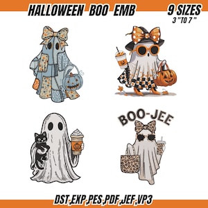 Puede incluir: Una colección de diseños de bordado con temática de Halloween con fantasmas. Los diseños incluyen fantasmas con lazos, gafas de sol y sosteniendo objetos como calabazas, tazas de café y un gato negro. Se incluye el texto "HALLOWEEN BOO EMB" y "BOO-JEE".