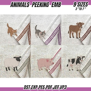 May include: Embroidered animal designs on white fabric. The image features a cat, cow, sheep, pig, and a black and white cow. The text reads "ANIMALS PEEKING EMB" and "9 SIZES 3" TO 7".