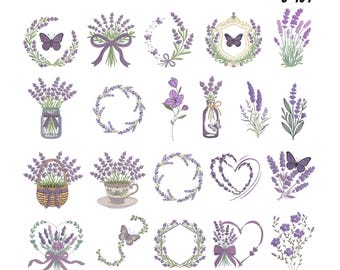 Pacchetto di oltre 20 disegni per ricamo a lavanda, cornice per ghirlanda floreale, file per ricamo a macchina, bouquet di fiori viola e farfalla, 9 dimensioni, download immediato.