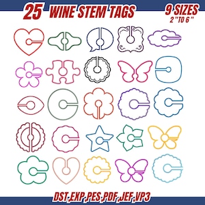 May include: A collection of 25 wine stem tags in various shapes, including hearts, flowers, and butterflies. The tags come in 9 sizes, ranging from 2 to 6 inches. The text "25 WINE STEM TAGS" and "9 SIZES 2" TO 6"" are displayed at the top.