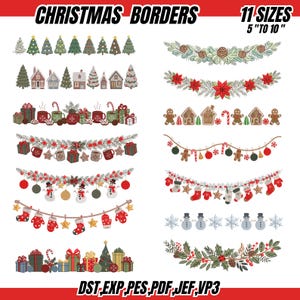 May include: A selection of Christmas border designs featuring festive elements such as trees, houses, gifts, and gingerbread figures. The image includes text that reads "CHRISTMAS BORDERS" and "11 SIZES 5" TO 10" (approximately 12.7cm to 25.4cm).