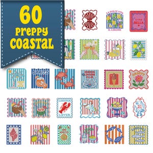 May include: A collection of 60 square stickers featuring coastal and summer themes. Designs include lemons, palm trees, crabs, lobsters, sardines, cocktails, ice cream, and text such as Ciao Bella, Spritz, and Oyster Lovers Club in various colors.