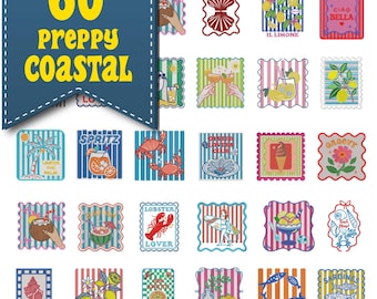 Può includere: Una collezione di 60 adesivi quadrati con temi costieri ed estivi. I disegni includono limoni, palme, granchi, aragoste, sardine, cocktail, gelati e testi come Ciao Bella, Spritz e Oyster Lovers Club in vari colori.