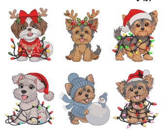Könnte beinhalten: Gestickte Weihnachtshund-Designs. Das Bild zeigt sechs verschiedene Hunderassen, die jeweils mit festlichem Weihnachtszubehör wie Weihnachtsmützen, Rentiergeweihen und Lichterketten geschmückt sind. Der Text oben lautet "CHRISTMAS DOGS EMB" und "9 SIZES 3" TO 7".