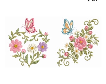 Può includere: Design digitale per ricamo floreale con due motivi. Uno è una composizione floreale a forma di cuore con una farfalla rosa, l'altro un rametto fiorito con una farfalla blu. Testo: FLOWER EMBROIDERY, 9 SIZES 3 TO 7, DST, EXP, PES, PDF, JEF, VP3.