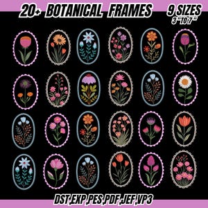 May include: A black background displays 20+ botanical frames with various floral designs. Each oval frame has a scalloped edge and contains a unique flower illustration. Text indicates 9 sizes available, ranging from 3 to 7 inches.
