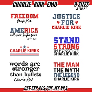 Peut inclure: Plusieurs motifs brodés avec des thèmes patriotiques et du texte, incluant des phrases comme "Liberté", "Amérique" et "Justice pour Charlie Kirk". Les motifs sont en rouge, blanc et bleu, avec diverses polices et styles. L'image affiche également le texte "Charlie Kirk EMB" et "9 Tailles 7.6cm à 17.8cm".